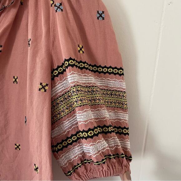 THE GREAT Clementine Embroidered Linen Cottagecore Blouse Pink Rosette X-Small - Picture 8 of 9